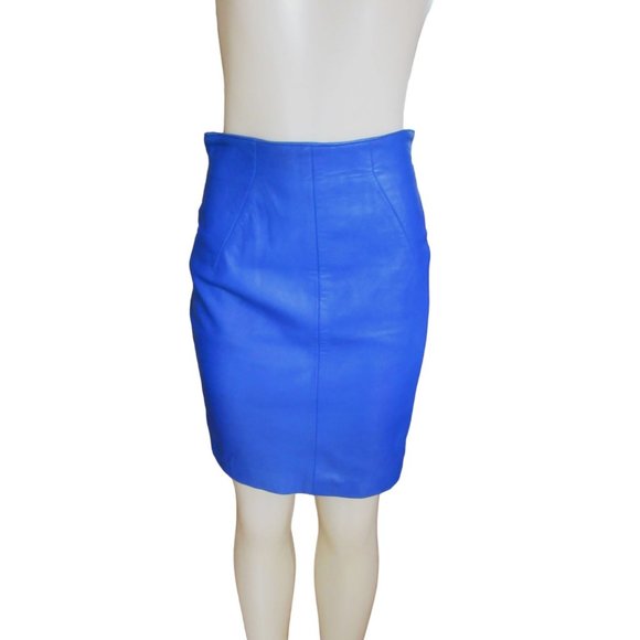 Vintage 80s Michael Hoban North Beach Blue Lined Leather Pencil Skirt in Size 6